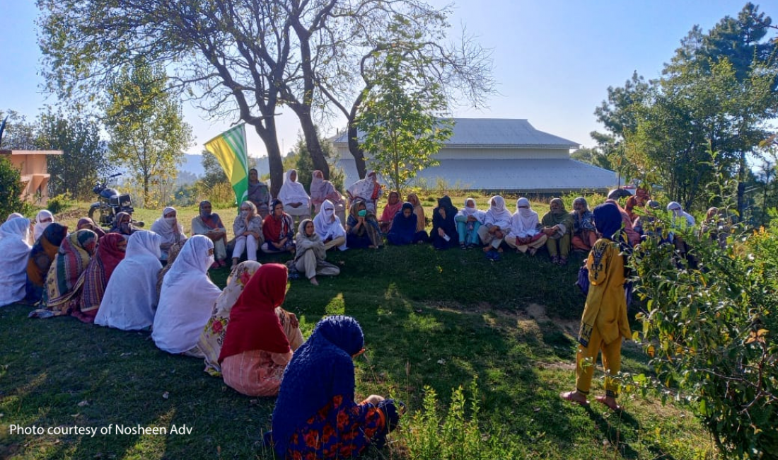 Local women hold a consultative meeting in a Union Council in Rawalakot on October 5, 2023, about the women's protest rallies across Kashmir on October 10.