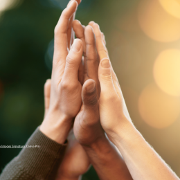 Diverse group of people giving each other high five