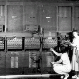 Photo credit: Programmers Marlyn Wescoff and Ruth Lichterman wiring the right side of the state-of-the-art ENIAC computer in the 1940s - U.S. Army Photo – Public Domain