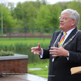 The Hague Mayor Jan van Zenen attending a rainbow flag raising ceremony at the U.S Embassy The Hague.